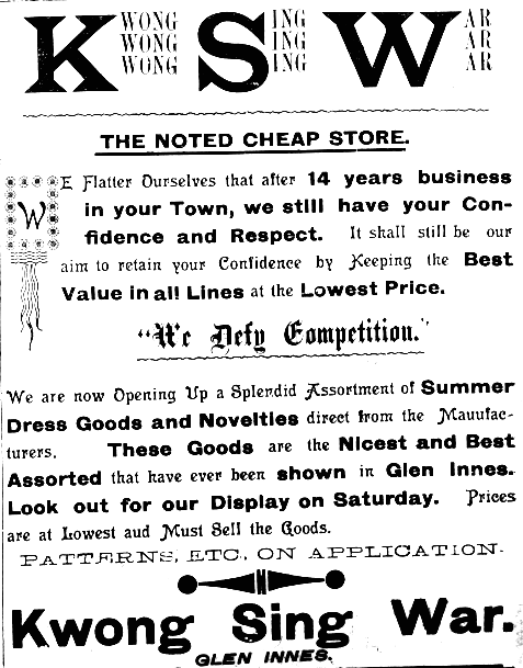 Kwong Sing War advertisement, Glen Innes Guardian, 30 October 1903.
